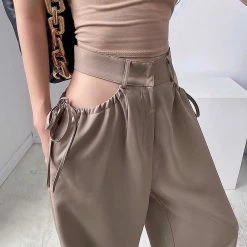 Elegant Solid Color Cutout Drawstring Loose Pants