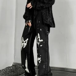 Gothic Dark Color Block Butterfly Printed Graphic High Rise Straight Pattern Jeans