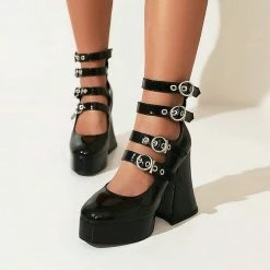 Buckle Straps Flared Heels Pointed Toe Mary Jane