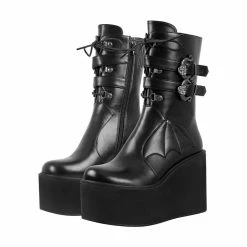 Goth Bat Wings Stitching Lace Up Buckle Straps Zipper Wedge Platform Boots