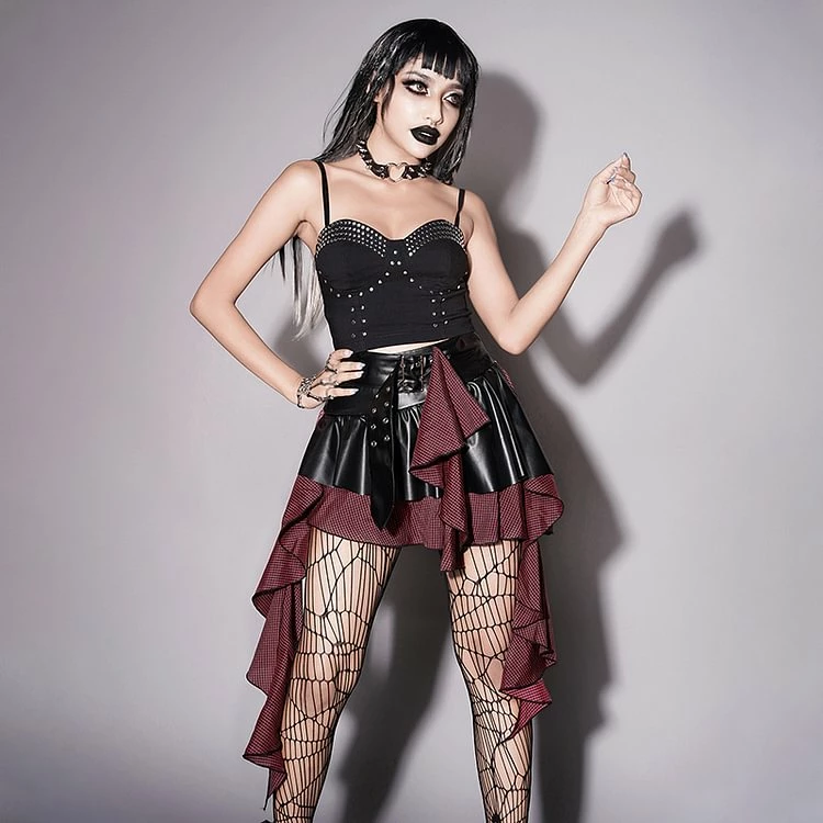 Checkered Lace Up Color Block Asymmetrical Skater Skirt - Image 3