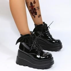 Dark Wings Lace Up Monoblock Wedges Boots