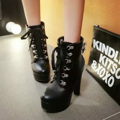Trendy Solid Color Lace Up Buckles Pointed Toe Platform Boots