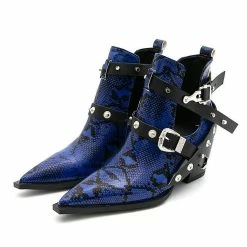 Cobra Chunky Heel Buckle Straps Pointed Toe Boots