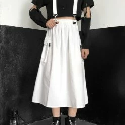 Gothic Punk Style Pockets Decorated Belt Metal Rings High-rise Long Skater Skirt With Elastic Waist