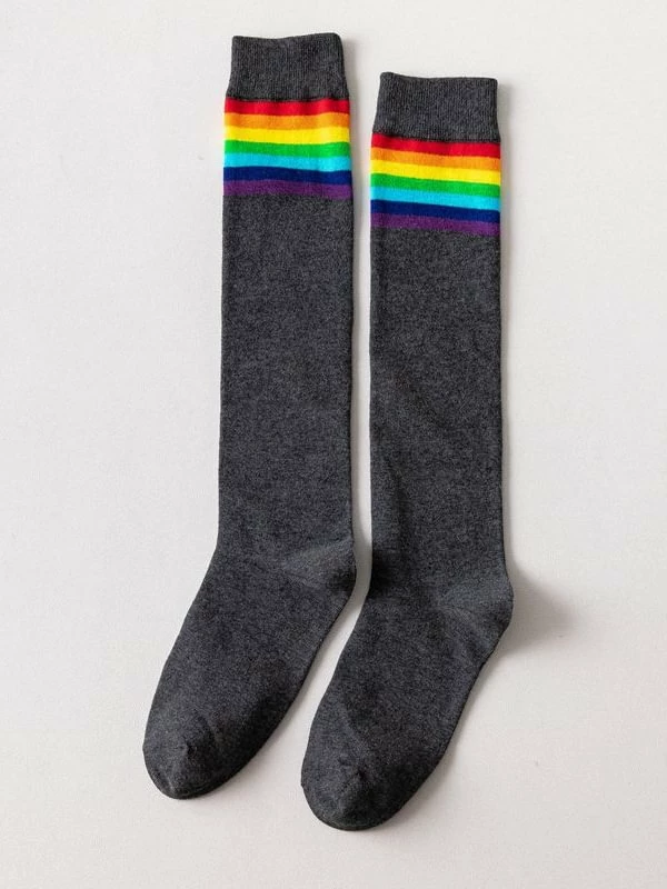 College Style Rainbow Stripes Over The Knee Knitted Stockings - Image 2