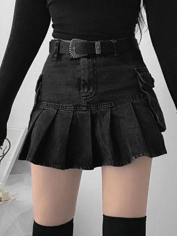Pleated Side Pockets Denim Jeans Skirts - Image 2