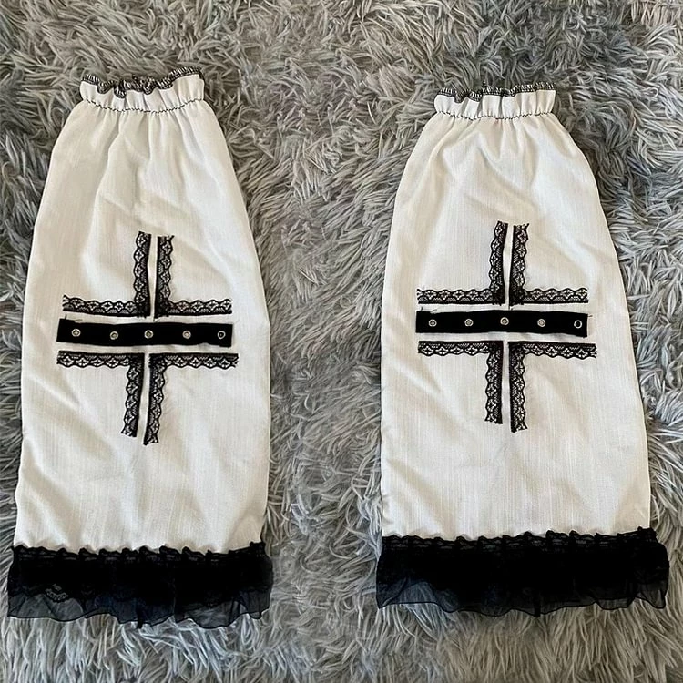 Gothic Dark JK Style Cross Printed Lace Paneled Leg Warmers