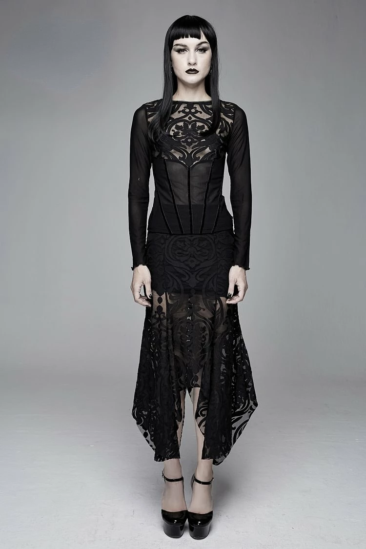 Daily Life Irregular Hem Court Flocking Printed Mesh Sexy Ladies Package Hip Fishtail Skirt - Image 2