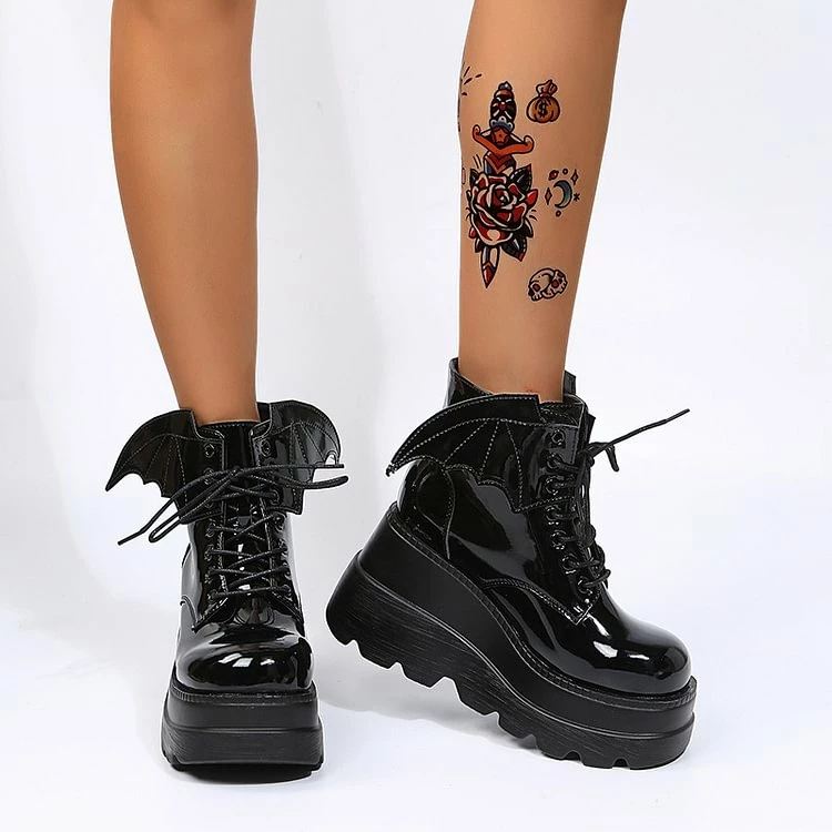 Dark Wings Lace Up Monoblock Wedges Boots - Image 2
