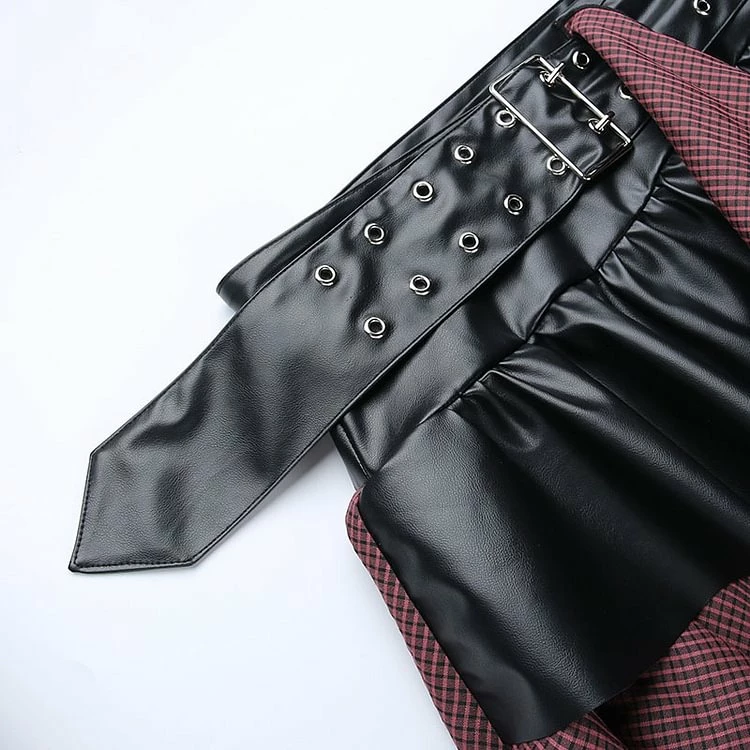 Checkered Lace Up Color Block Asymmetrical Skater Skirt - Image 5