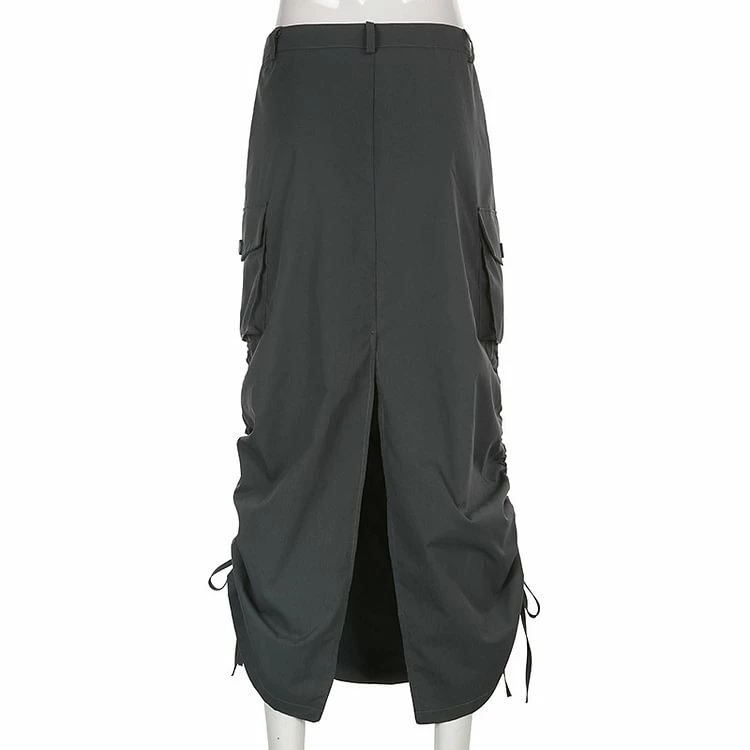 Casual Solid Color Pockets Drawstring Back Split A-line Long Skirt