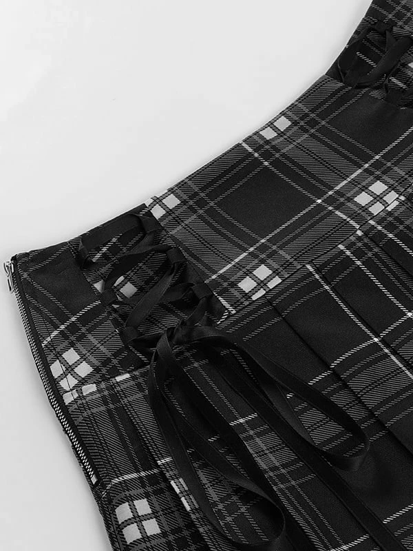 Goth Style Lace Hem Gingham Plaid Pleated Skirts - Image 12