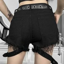 Statement Unique Designed Lace Paneled Straps Decorated Washed Shorts