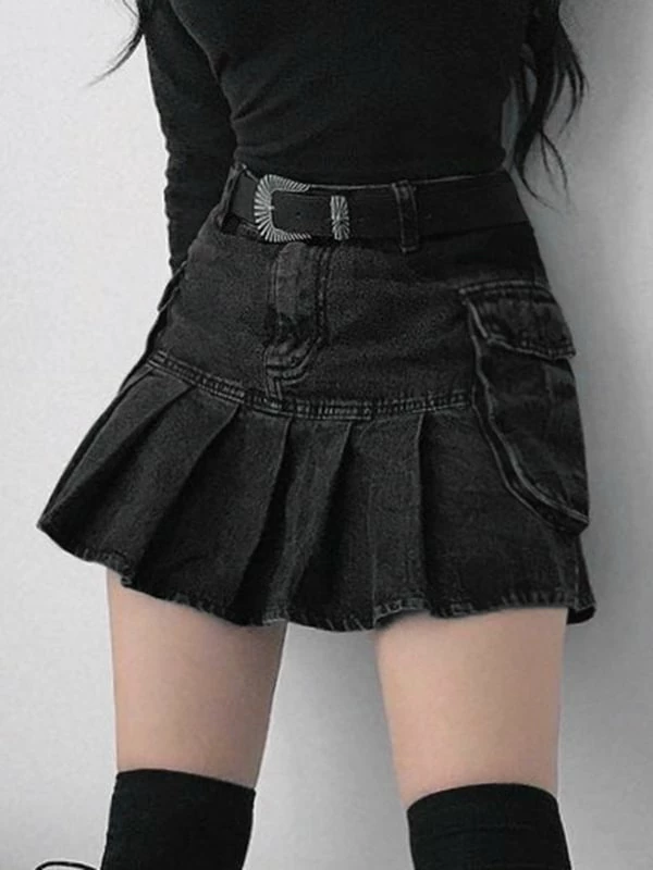 Pleated Side Pockets Denim Jeans Skirts - Image 3