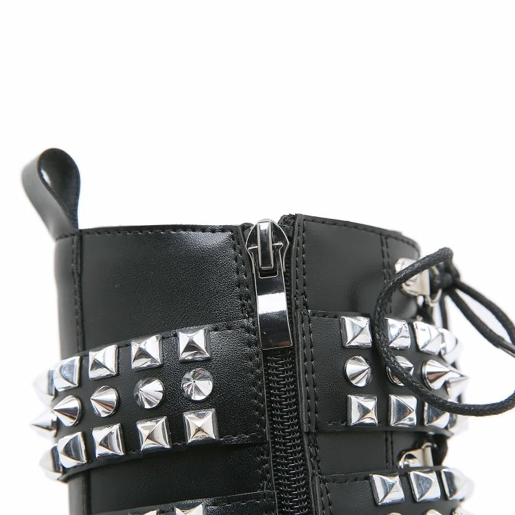 Motor Metal Rivets Straps Lace Up Round Toe Industrial Chunky Heel Platform Boots - Image 7