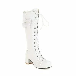 Lolita Round Toe Chunky Heel Bowknots Straps Lace Up Boots