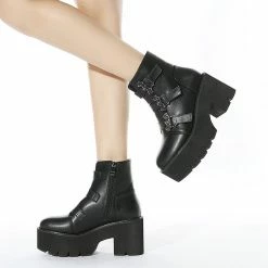 Platform Buckles Zipper Chunky Heels PU Ankle Booties