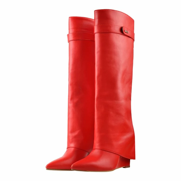 Pointed Toe High Heel Wedge Cover Up Fold Over Knee High Boots - Image 5