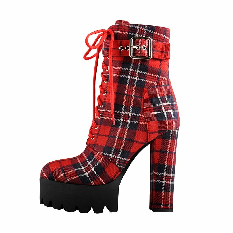 Checked Pattern Block Heel Platform Ankle Booties - Image 2