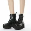 Round Toe Buckles Lace Up Patent Leather Chunky Heels Ankle Boots