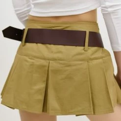 Belt Checkered Pleated Skirt