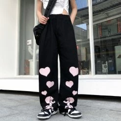 Goth Skull Love Elastic Waist Straight Pattern Loose Pants
