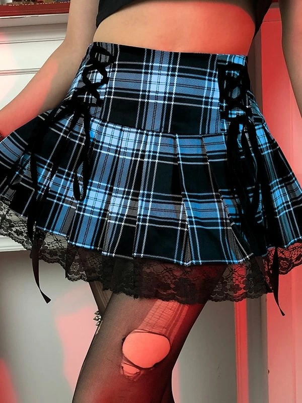 Goth Style Lace Hem Gingham Plaid Pleated Skirts - Image 6