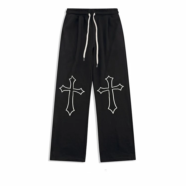 Cross Printed Drawstring Straight Loose Pants - Image 3