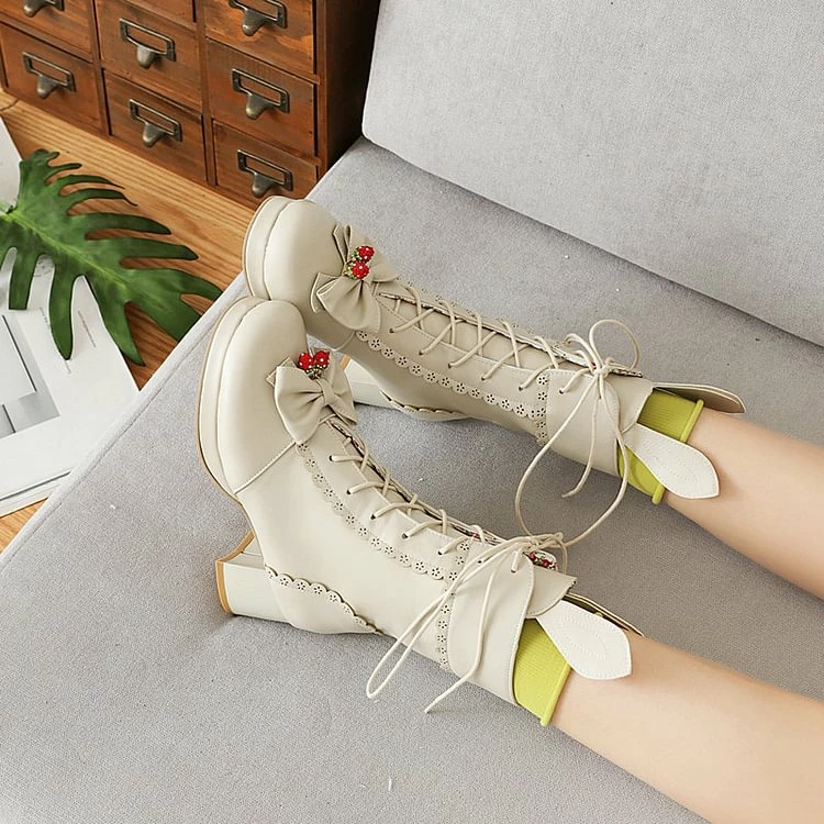 Lolita Girl Bunny Bowknots Lace Up Chunky Heel Martin Boots - Image 2