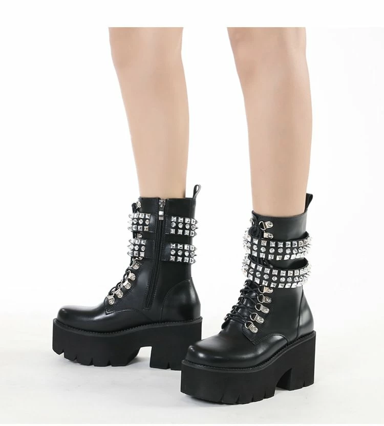 Motor Metal Rivets Straps Lace Up Round Toe Industrial Chunky Heel Platform Boots - Image 2