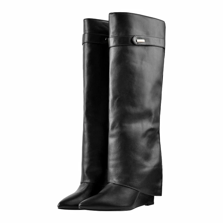 Pointed Toe High Heel Wedge Cover Up Fold Over Knee High Boots - Image 2