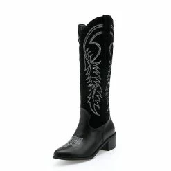 Retro Embroidery Chunky Heel Pointed Toe Knee High Boots