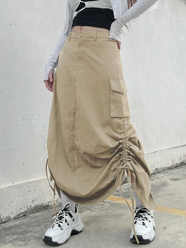 Casual Solid Color Pockets Drawstring Back Split A-line Long Skirt - Image 4
