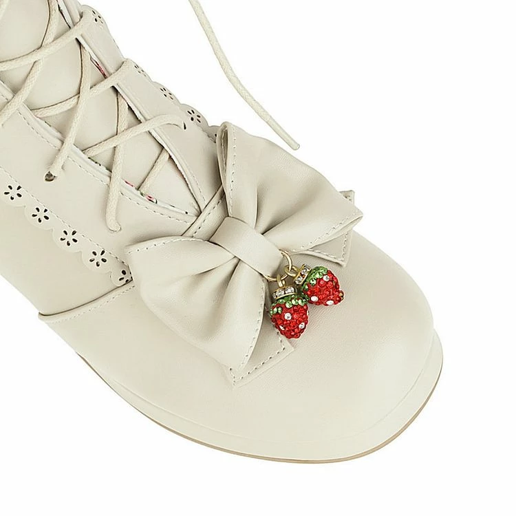 Lolita Girl Bunny Bowknots Lace Up Chunky Heel Martin Boots - Image 6