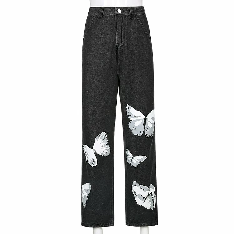 Street Fashion Butterfly Printed High Rise Straight Loose Pants - Image 3