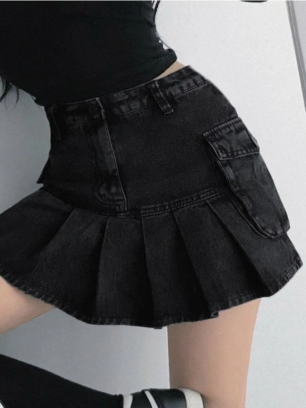 Pleated Side Pockets Denim Jeans Skirts - Image 4