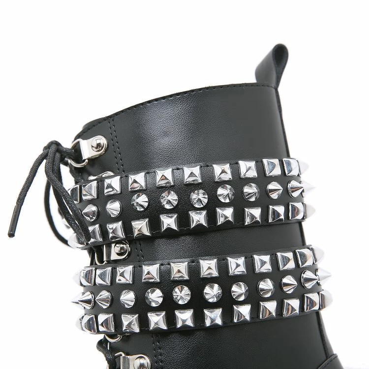 Motor Metal Rivets Straps Lace Up Round Toe Industrial Chunky Heel Platform Boots - Image 6