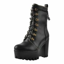 Black Lace Up Chunky Heel Platform Ankle Boots