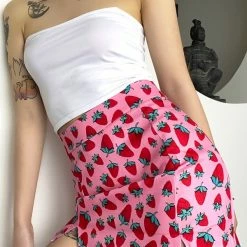 Sweet Strawberry Printed High Waist Skirt