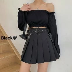 Dark College Style Chain Pockets High Rise Pleated Skirt