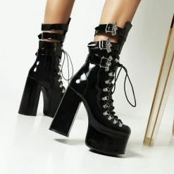 Gothic Dark Bat Metal Belt Lace-up Cutout Boots With Chunky Heels