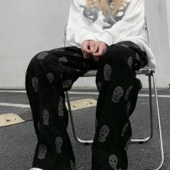 Chic Cute Elegant Vintage Casual Corduroy Solid Color Skull Elastic Waist High-rise Straight Pants