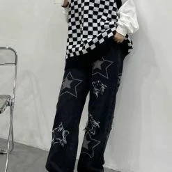 Statement Star Printed Fringed Washed High Rise Loose Straight Pants