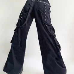 Punk Style Streamers Pockets Metal Rings Industrial Pants Flare