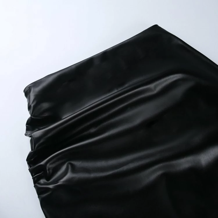 Trendy Black Gathered Bodycon PU Dress - Image 5