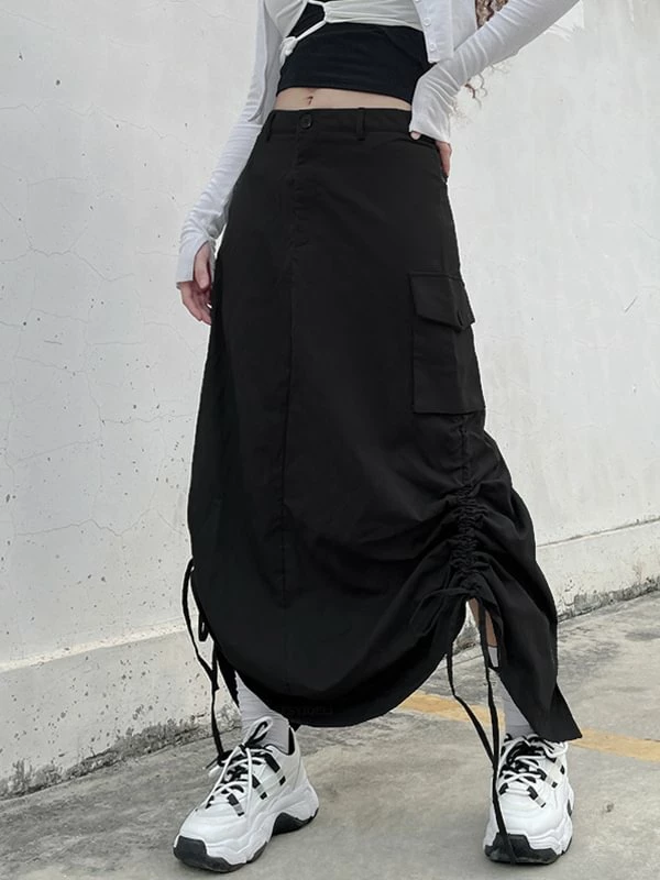 Casual Solid Color Pockets Drawstring Back Split A-line Long Skirt - Image 3