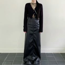 Black Back Split High Rise PU Skirt